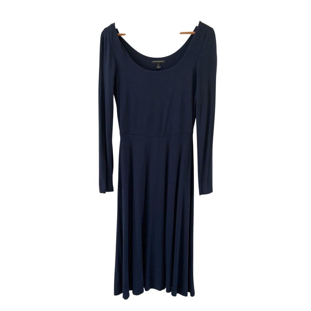 Banana Republic Jersey Fit Flare Dress Womens Size S Tall Blue Midi Work Office